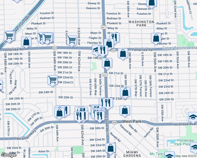 map of restaurants, bars, coffee shops, grocery stores, and more near 2126 Southwest 60th Terrace in Miramar