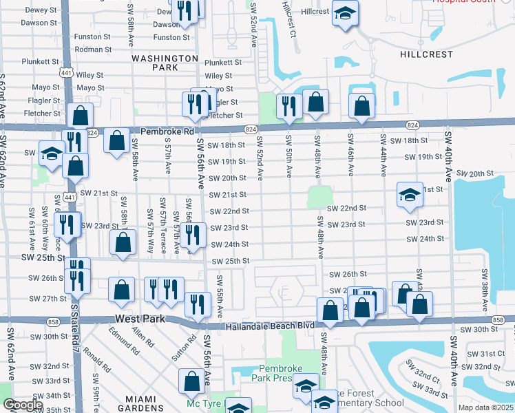 map of restaurants, bars, coffee shops, grocery stores, and more near 5209 Southwest 22nd Street in Miami