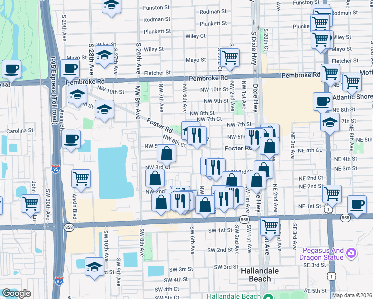 map of restaurants, bars, coffee shops, grocery stores, and more near 416 Northwest 5th Terrace in Hallandale Beach