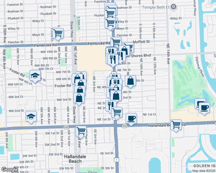 map of restaurants, bars, coffee shops, grocery stores, and more near 413 Northeast 4th Court in Hallandale Beach