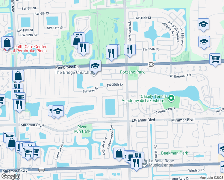 map of restaurants, bars, coffee shops, grocery stores, and more near 9011 North Lake Miramar Circle in Miramar