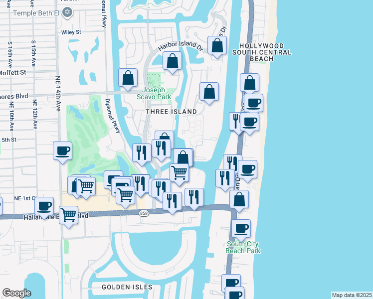 map of restaurants, bars, coffee shops, grocery stores, and more near 357 Leslie Drive in Hallandale Beach