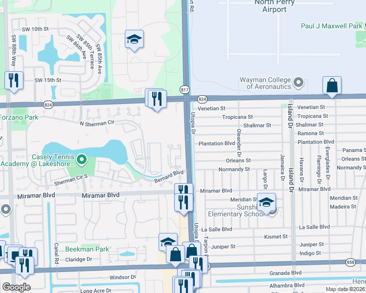 map of restaurants, bars, coffee shops, grocery stores, and more near 2201 Southwest 80th Terrace in Miramar