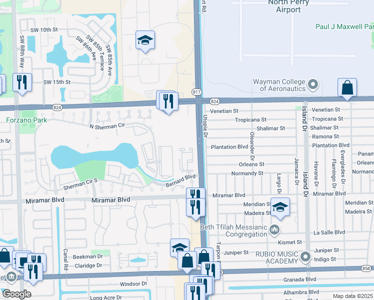 map of restaurants, bars, coffee shops, grocery stores, and more near 2201 Southwest 80th Terrace in Miramar