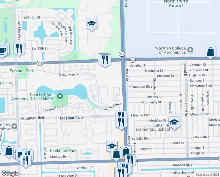 map of restaurants, bars, coffee shops, grocery stores, and more near 256 Sherman Circle Driveway in Miramar