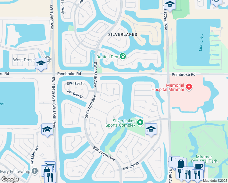 map of restaurants, bars, coffee shops, grocery stores, and more near 17612 Southwest 19th Street in Miramar