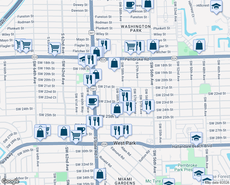 map of restaurants, bars, coffee shops, grocery stores, and more near 2203 Southwest 58th Terrace in West Park