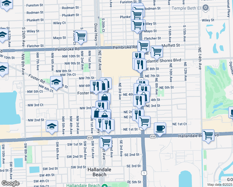map of restaurants, bars, coffee shops, grocery stores, and more near 221 Northeast 4th Court in Hallandale Beach