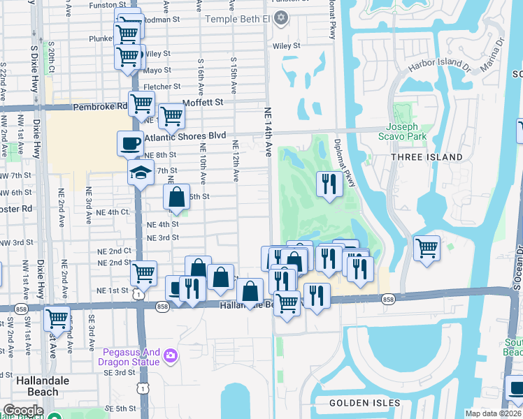 map of restaurants, bars, coffee shops, grocery stores, and more near 400 Northeast 4th Street in Hallandale Beach