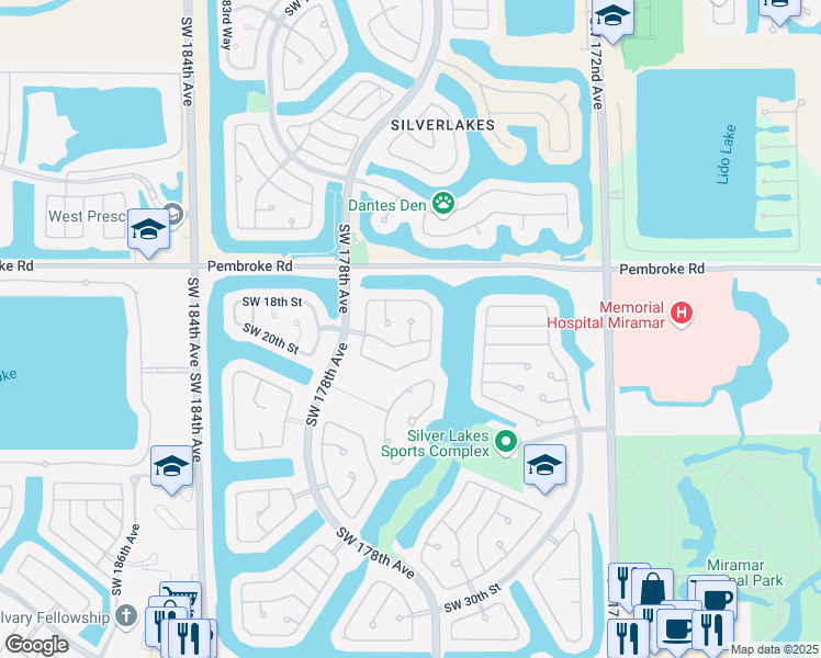 map of restaurants, bars, coffee shops, grocery stores, and more near 17612 Southwest 19th Street in Miramar