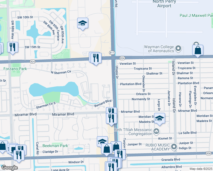 map of restaurants, bars, coffee shops, grocery stores, and more near 2201 Southwest 80th Terrace in Miramar