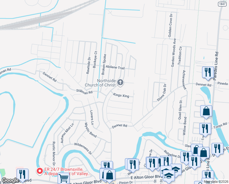 map of restaurants, bars, coffee shops, grocery stores, and more near 5800 Stagecoach Trail in Brownsville