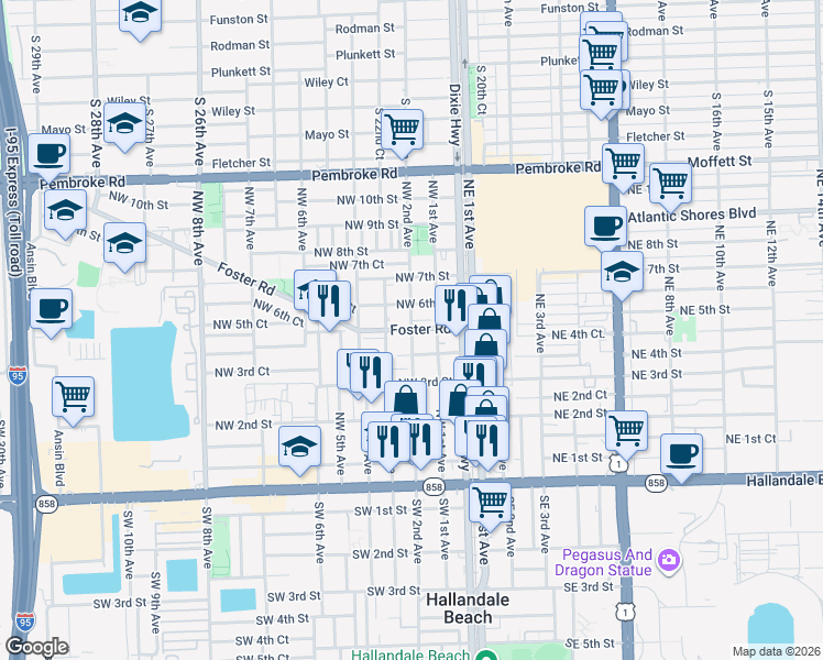 map of restaurants, bars, coffee shops, grocery stores, and more near 413 Northwest 2nd Avenue in Hallandale Beach