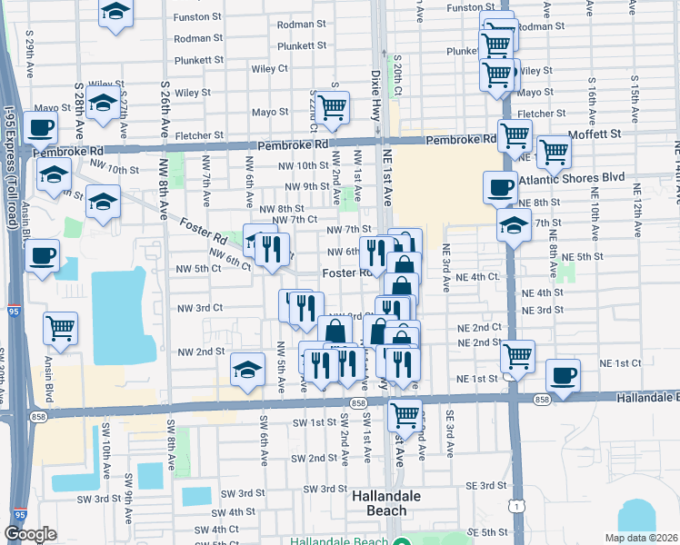 map of restaurants, bars, coffee shops, grocery stores, and more near 501 Northwest 2nd Avenue in Hallandale Beach