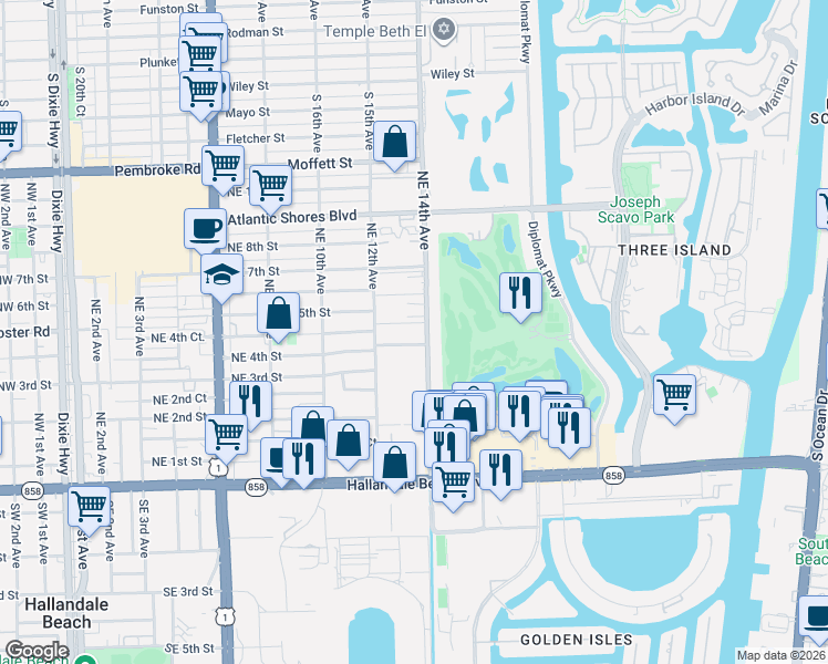 map of restaurants, bars, coffee shops, grocery stores, and more near 400 Northeast 4th Street in Hallandale Beach