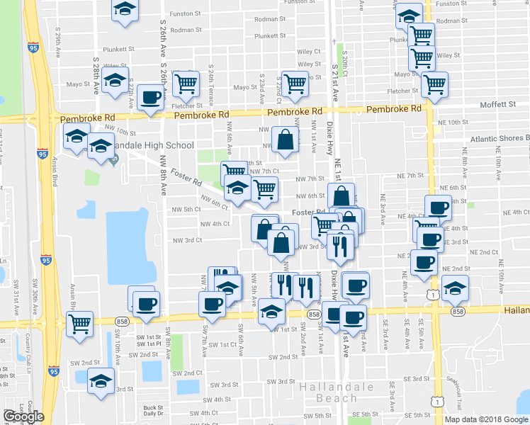 map of restaurants, bars, coffee shops, grocery stores, and more near 412 Northwest 4th Avenue in Hallandale Beach