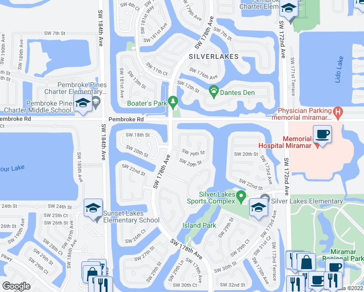 map of restaurants, bars, coffee shops, grocery stores, and more near 1877 Southwest 177th Avenue in Miramar