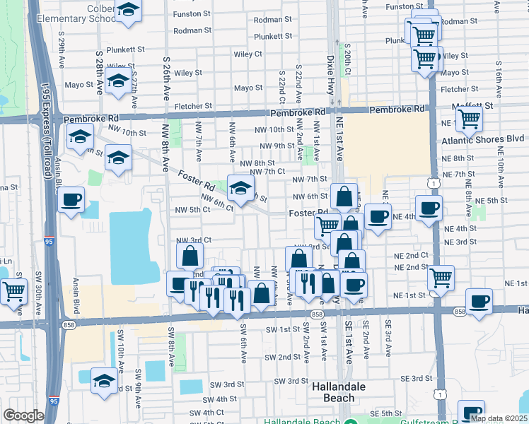 map of restaurants, bars, coffee shops, grocery stores, and more near 111 Foster Road in Hallandale Beach
