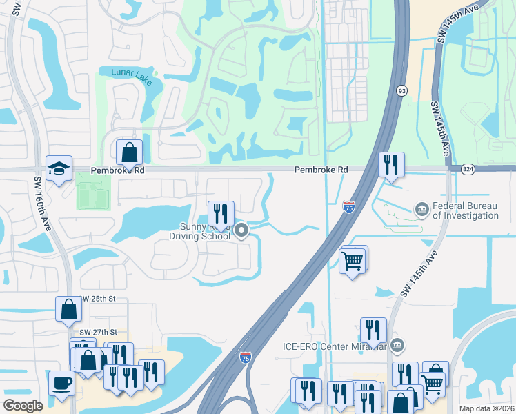 map of restaurants, bars, coffee shops, grocery stores, and more near 1981 Southwest 148th Way in Miramar