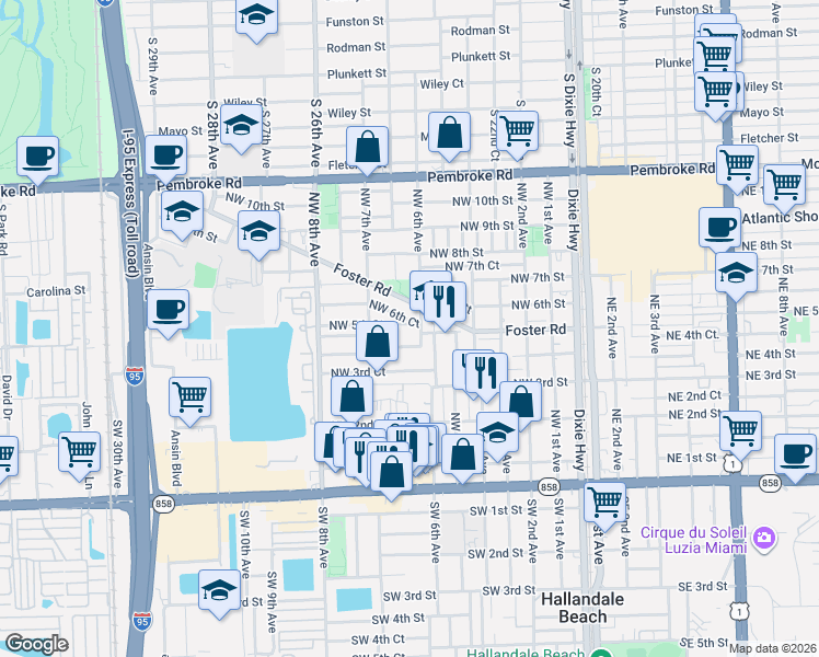 map of restaurants, bars, coffee shops, grocery stores, and more near 626 Northwest 4th Court in Hallandale Beach
