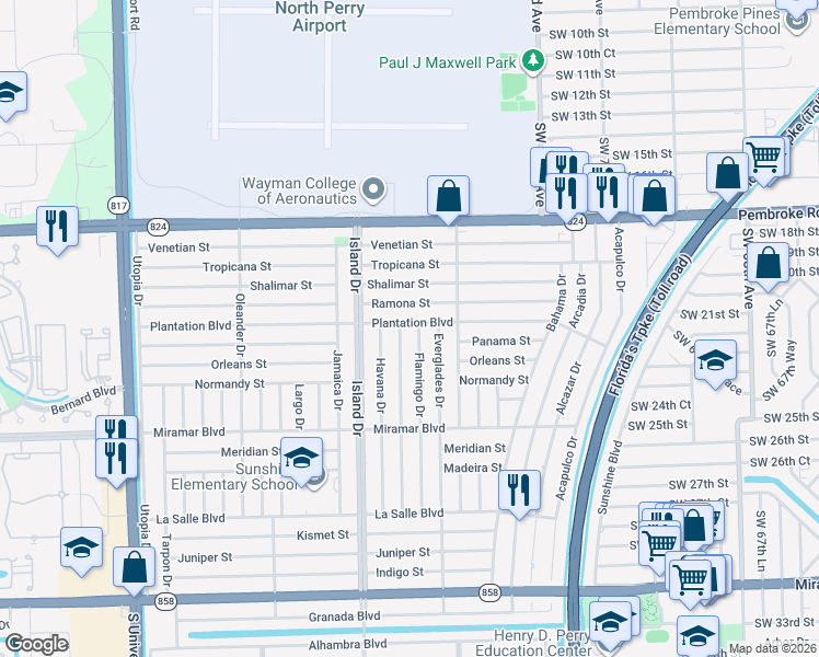 map of restaurants, bars, coffee shops, grocery stores, and more near 2211 Gulfstream Drive in Miramar