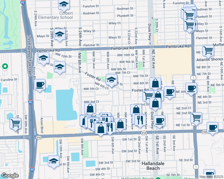 map of restaurants, bars, coffee shops, grocery stores, and more near 416 Northwest 5th Terrace in Hallandale Beach