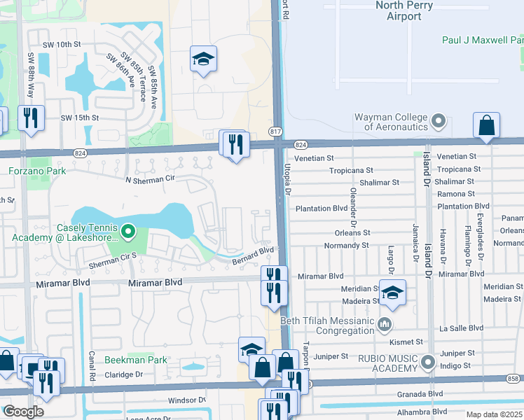 map of restaurants, bars, coffee shops, grocery stores, and more near 8025 Southwest 21st Court in Miramar