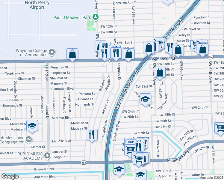 map of restaurants, bars, coffee shops, grocery stores, and more near 7110 Plantation Boulevard in Miramar