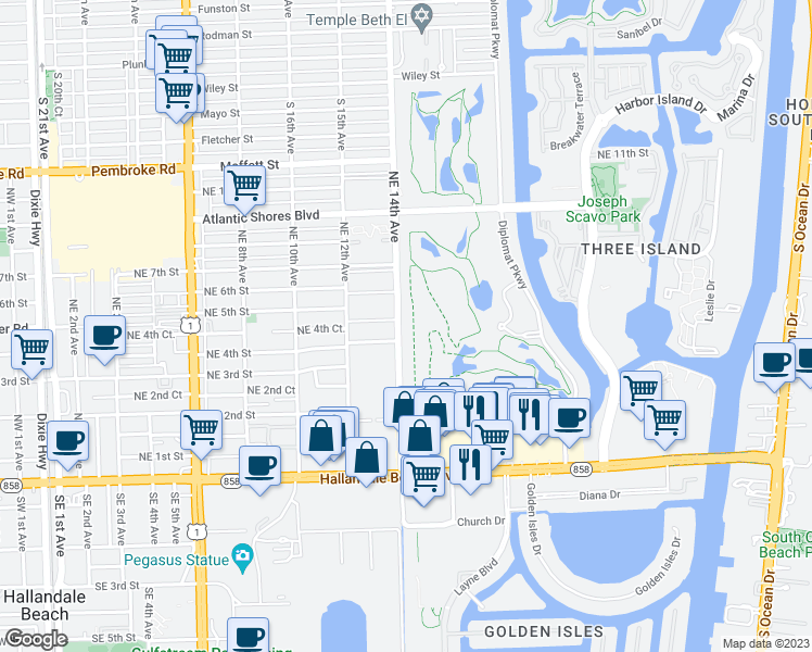 map of restaurants, bars, coffee shops, grocery stores, and more near 400 Northeast 4th Street in Hallandale Beach