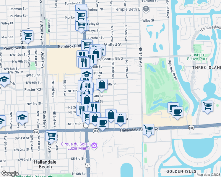 map of restaurants, bars, coffee shops, grocery stores, and more near 913 Northeast 4th Street in Hallandale Beach