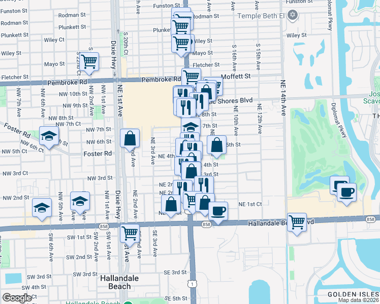 map of restaurants, bars, coffee shops, grocery stores, and more near 615 Northeast 4th Street in Hallandale Beach