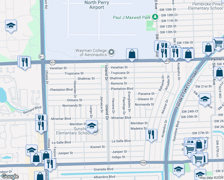 map of restaurants, bars, coffee shops, grocery stores, and more near 2211 Island Drive in Miramar