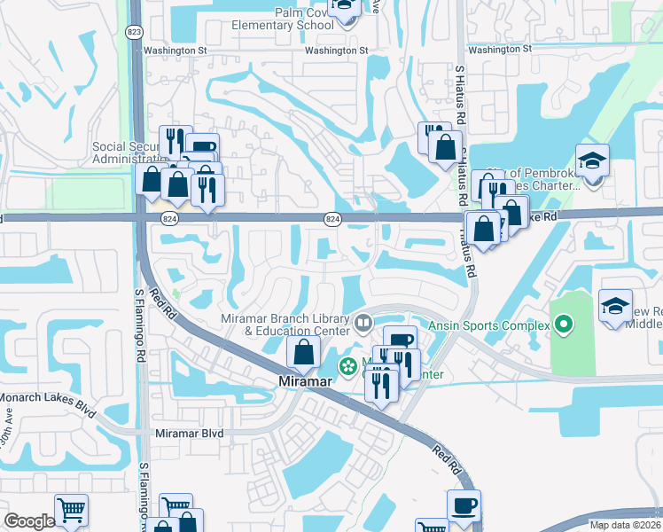 map of restaurants, bars, coffee shops, grocery stores, and more near 2001 Southwest 117th Avenue in Miramar