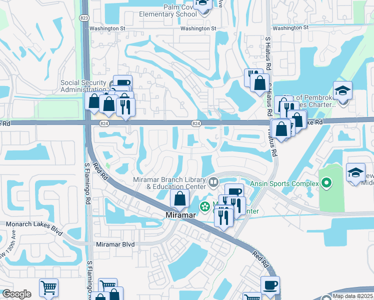 map of restaurants, bars, coffee shops, grocery stores, and more near 2001 Southwest 117th Avenue in Miramar