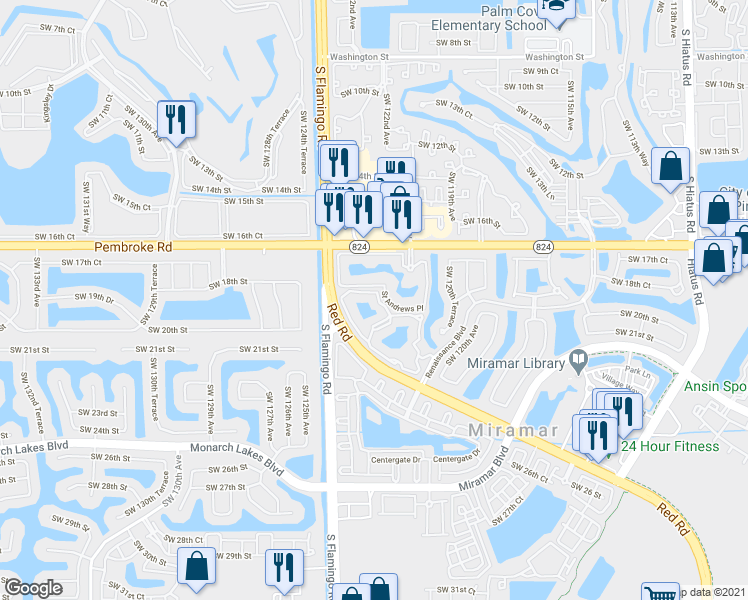 map of restaurants, bars, coffee shops, grocery stores, and more near 2163 Renaissance Boulevard in Miramar