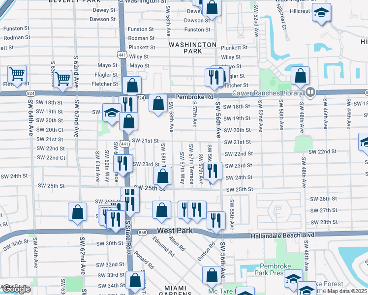 map of restaurants, bars, coffee shops, grocery stores, and more near 2128 Southwest 57th Way in West Park