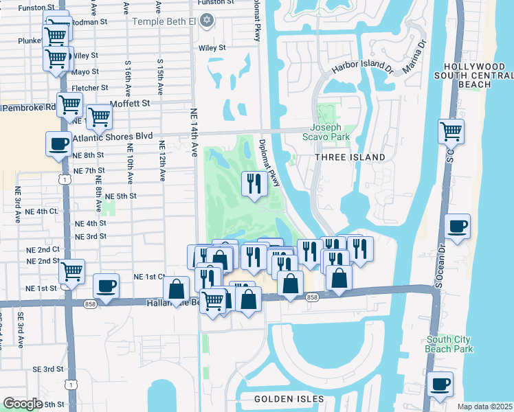 map of restaurants, bars, coffee shops, grocery stores, and more near 361-701 Diplomat Pkwy in Hallandale Beach