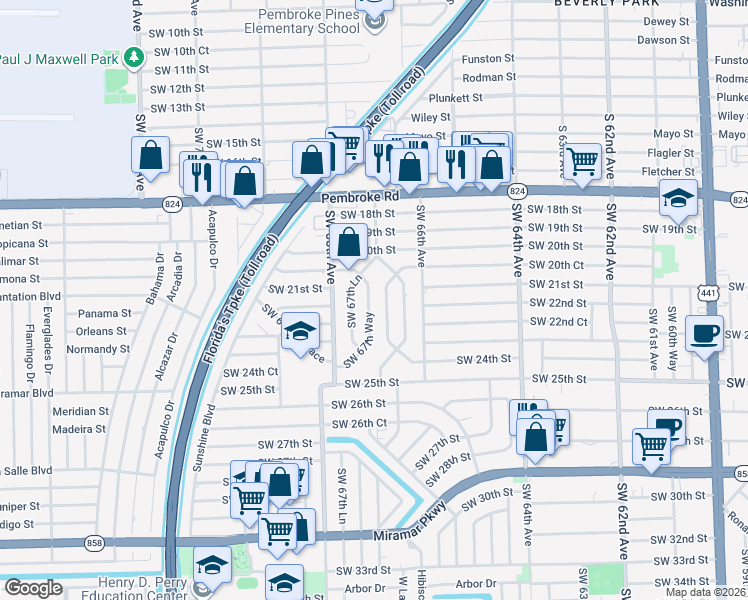map of restaurants, bars, coffee shops, grocery stores, and more near 2211 Southwest 67th Way in Miramar