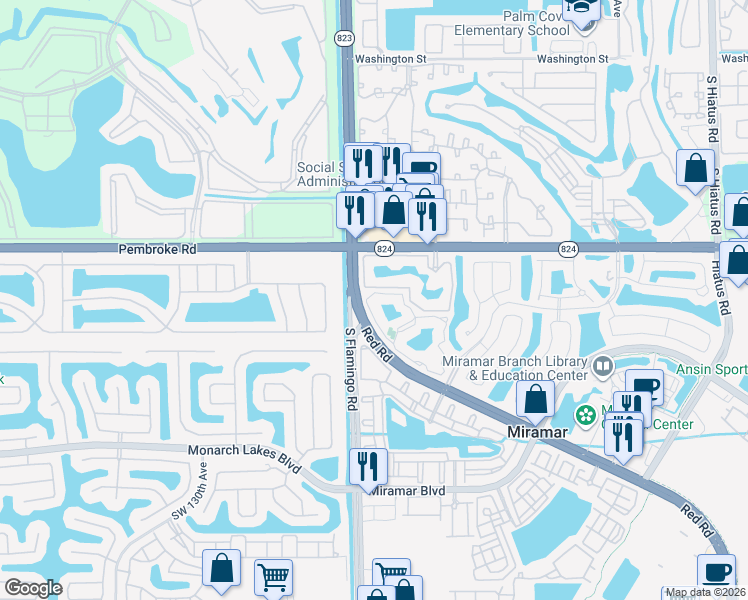 map of restaurants, bars, coffee shops, grocery stores, and more near 2163 Renaissance Boulevard in Miramar