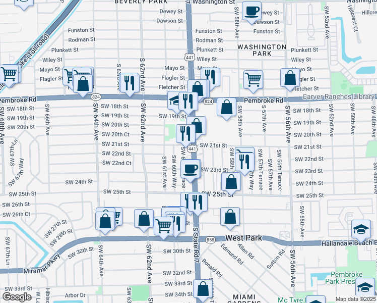 map of restaurants, bars, coffee shops, grocery stores, and more near 2126 Southwest 60th Terrace in Miramar