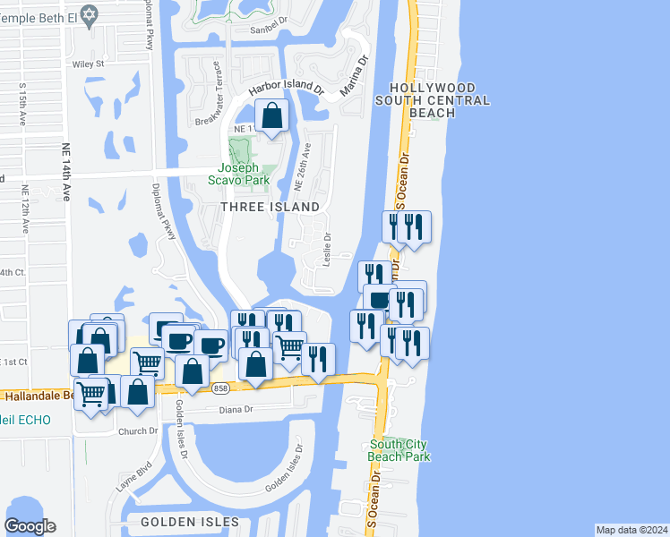 map of restaurants, bars, coffee shops, grocery stores, and more near 3670 South Ocean Drive in Hollywood