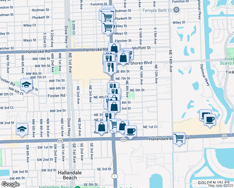 map of restaurants, bars, coffee shops, grocery stores, and more near 615 Northeast 4th Street in Hallandale Beach
