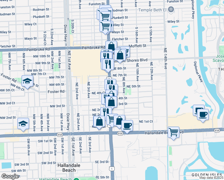 map of restaurants, bars, coffee shops, grocery stores, and more near 615 Northeast 4th Street in Hallandale Beach