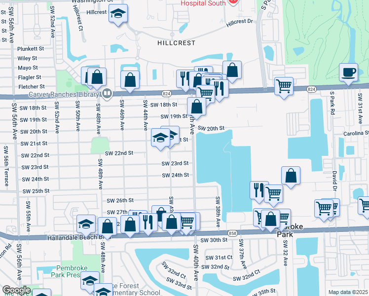 map of restaurants, bars, coffee shops, grocery stores, and more near 4018 Southwest 22nd Street in West Park