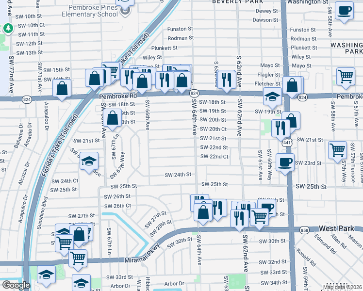 map of restaurants, bars, coffee shops, grocery stores, and more near 6441 Southwest 22nd Court in Miramar