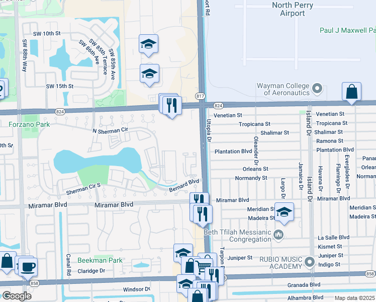 map of restaurants, bars, coffee shops, grocery stores, and more near 2201 Southwest 80th Terrace in Miramar