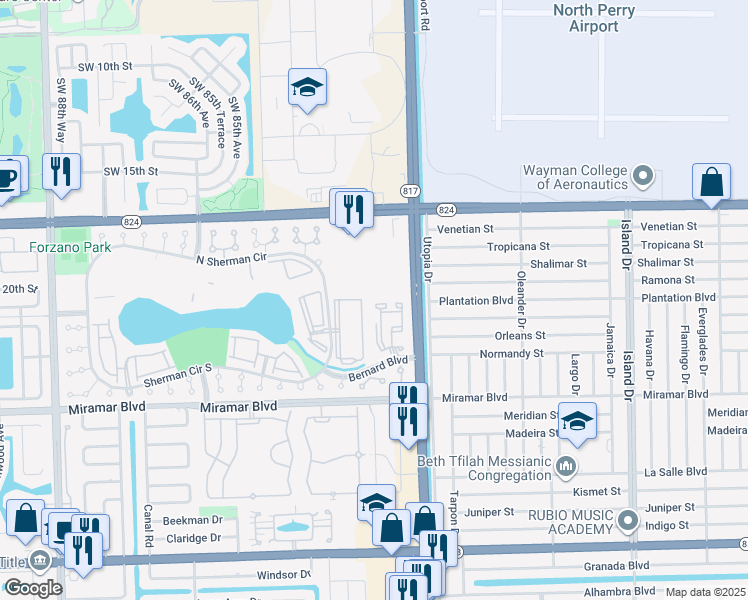 map of restaurants, bars, coffee shops, grocery stores, and more near 256 Sherman Circle Driveway in Miramar