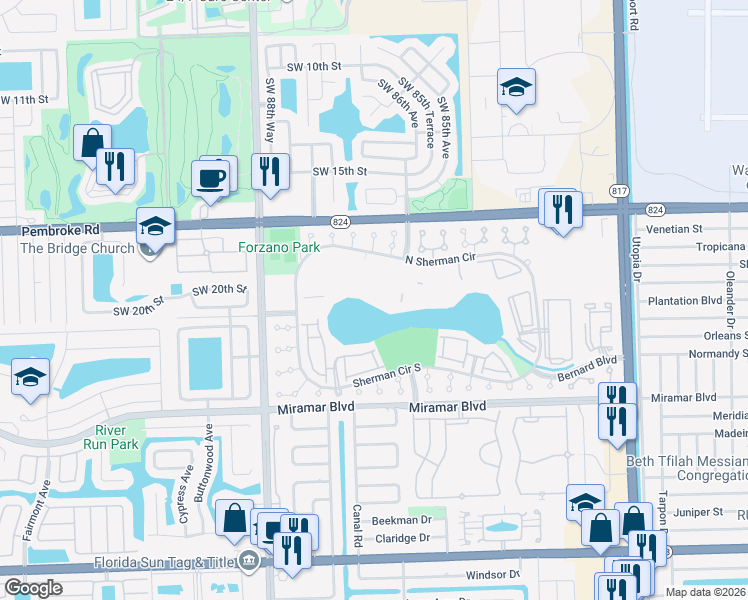 map of restaurants, bars, coffee shops, grocery stores, and more near 8560 Sherman Circle North in Miramar
