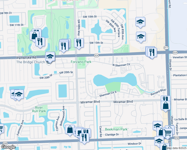 map of restaurants, bars, coffee shops, grocery stores, and more near 2043 Southwest 87th Terrace in Miramar