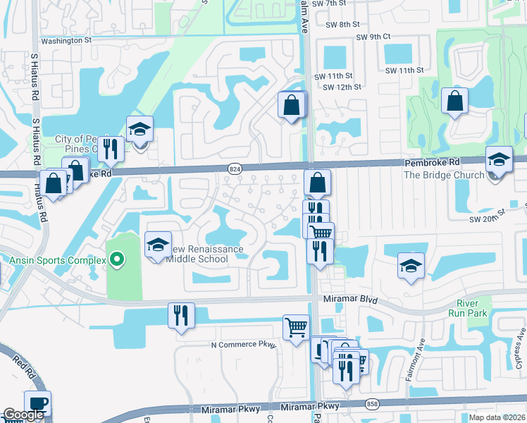 map of restaurants, bars, coffee shops, grocery stores, and more near 10190 Southwest 21st Street in Miramar